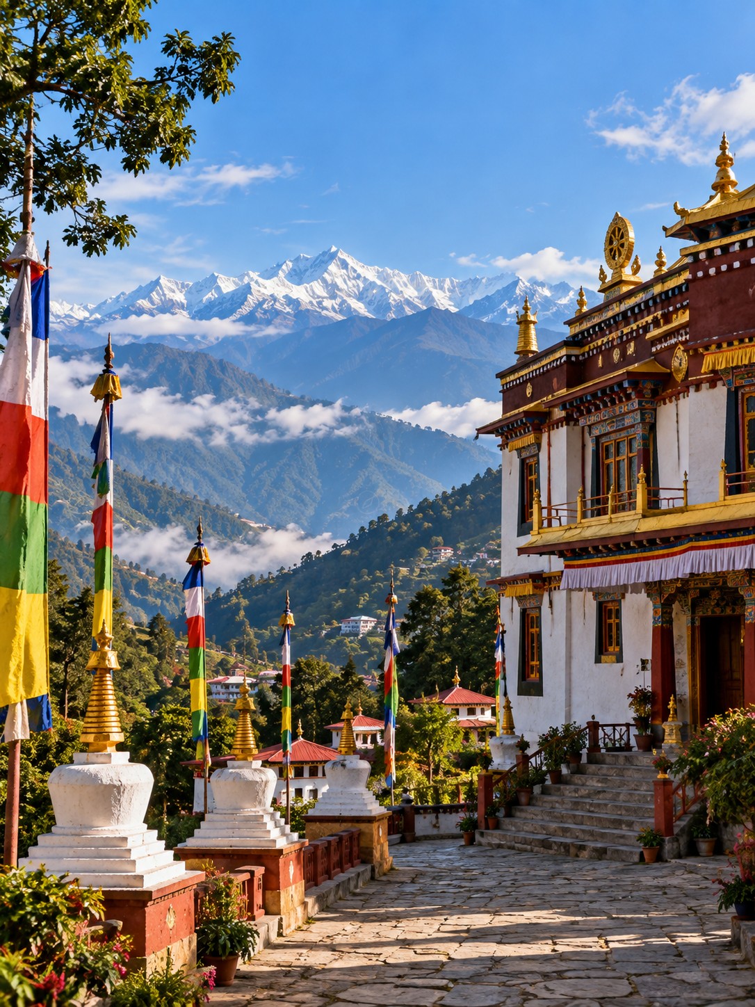 Sikkim monastery with mountain backdrop
